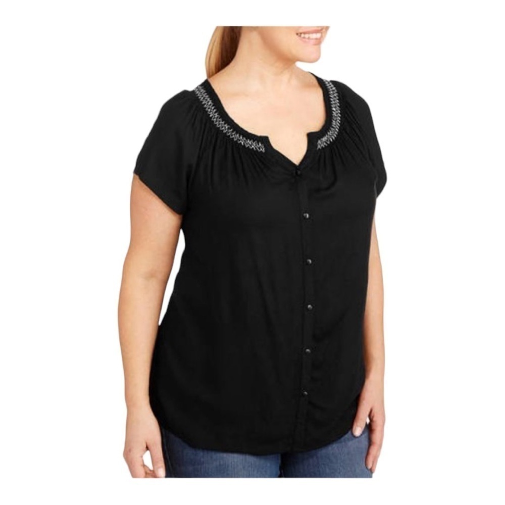 Faded Glory Peasant Short Sleeve Blouse with Shirring and Embroidery